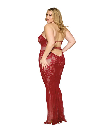 Dreamgirl Queen Rhinestone Lace Mesh Seamless Halter Bodystocking Gown Ox Blood