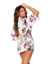 Elegant Moments Charmeuse Satin Kimono Robe With 3/4 Sleeves Floral Tropical