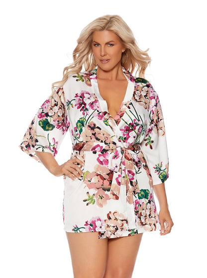 Elegant Moments Plus Charmeuse Kimono Robe With 3/4 Sleeves Floral