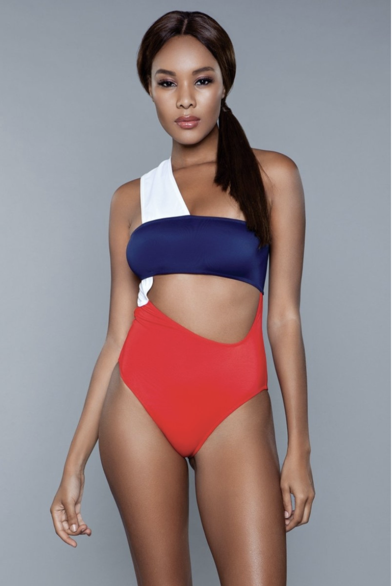 BeWicked Kennedy One Shoulder Swimsuit One Piece Red White Blue