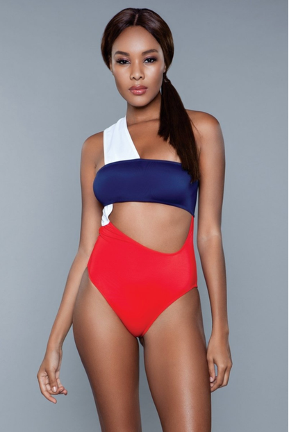 BeWicked Kennedy One Shoulder Swimsuit One Piece Red White Blue