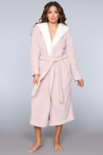 BeWicked Janet Long Robe Plush Fleece Sherpa Lining Hooded Pink