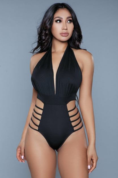 BeWicked Willow Plunge Halter Swimsuit One Piece Black