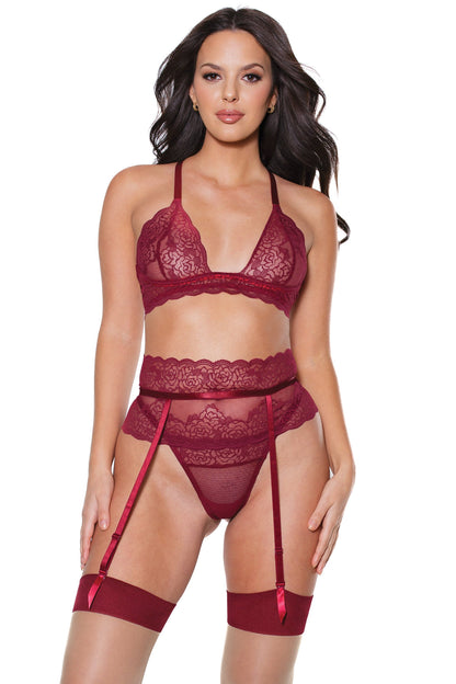 Coquette Gartered Bra Set Floral Stretch Lace Merlot