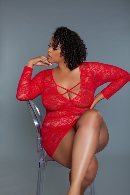 BeWicked Plus Size Queen Lynn Chemise Long Sleeve Red Lace
