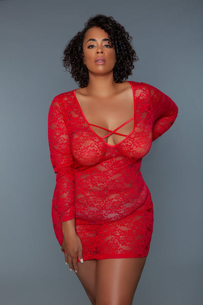 BeWicked Plus Size Queen Lynn Chemise Long Sleeve Red Lace