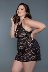 BeWicked Plus Size Halter Lace Rue Babydoll Black