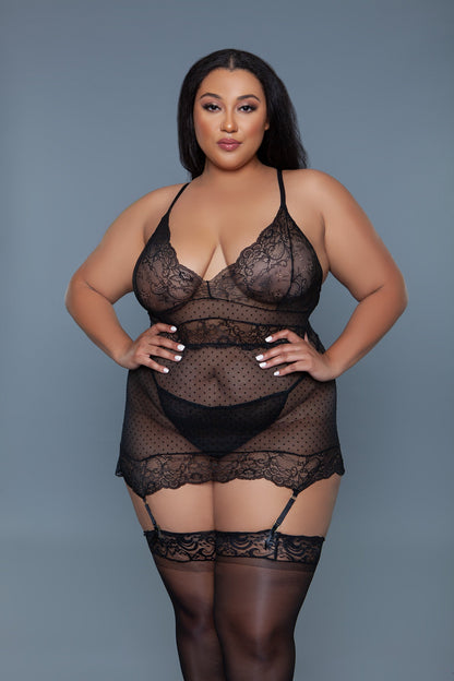 BeWicked Ryder Gartered Chemise Lace Cups Sheer Black