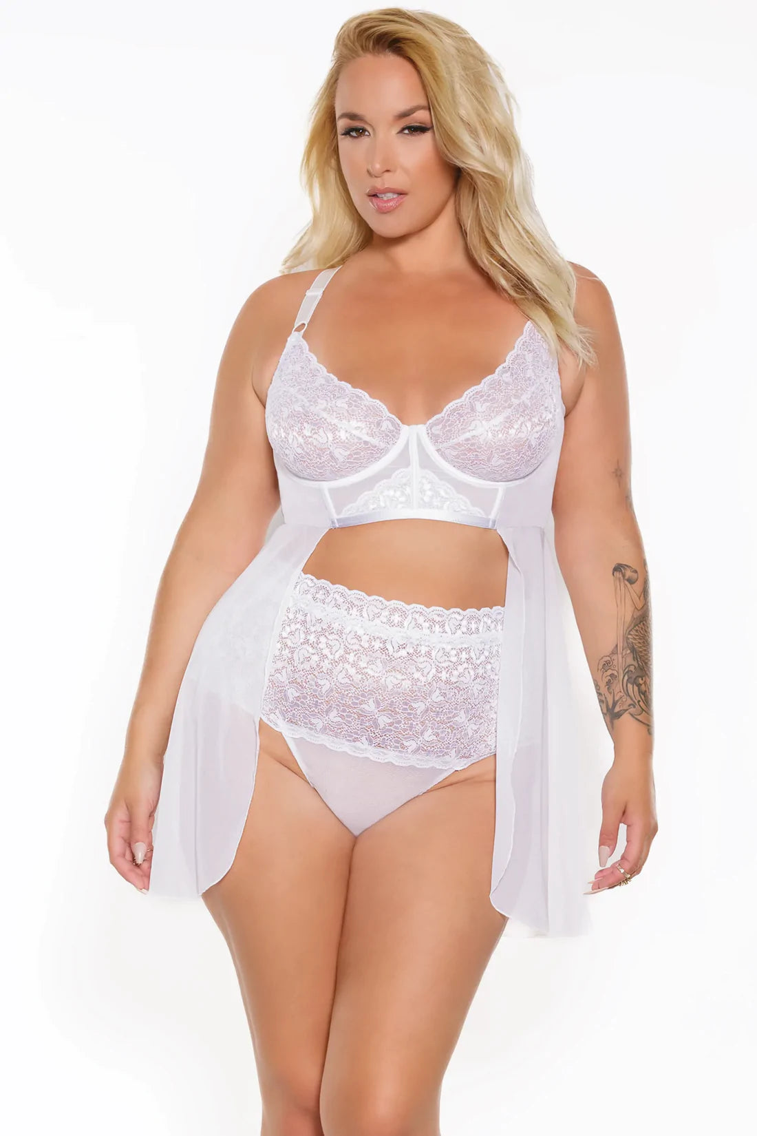 Coquette Plus Size High Waist Open Front Babydoll & Thong White