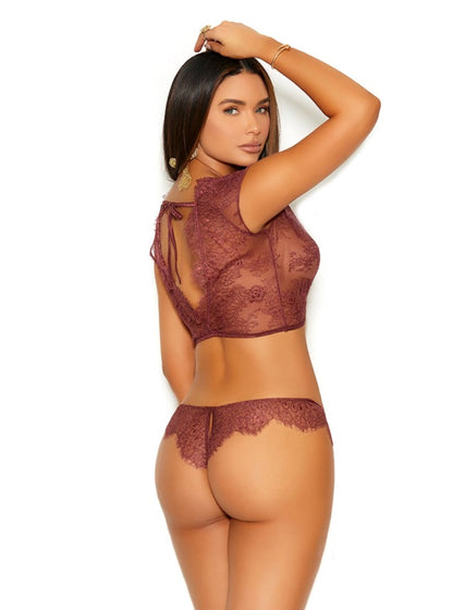 Elegant Moments Eyelash Lace Plunge Cami Top Panty Set Cinnamon Spice