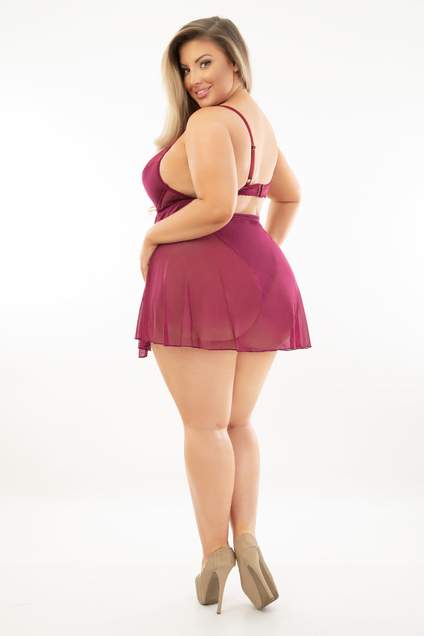 Escante Queen Lace & Mesh Teddydoll Teddy Babydoll Wine