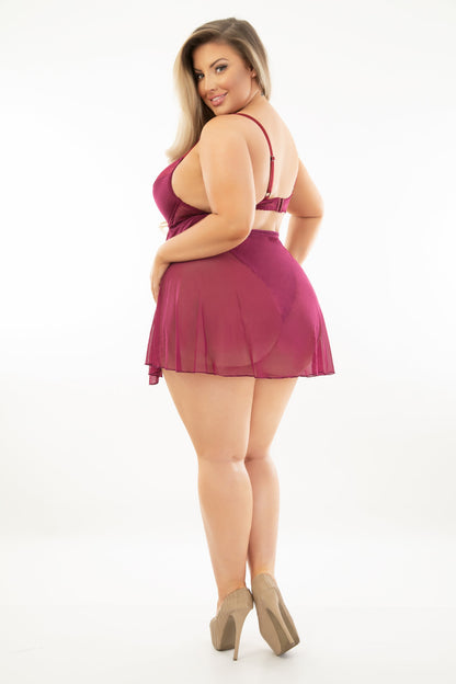 Escante Queen Lace & Mesh Teddydoll Teddy Babydoll Wine