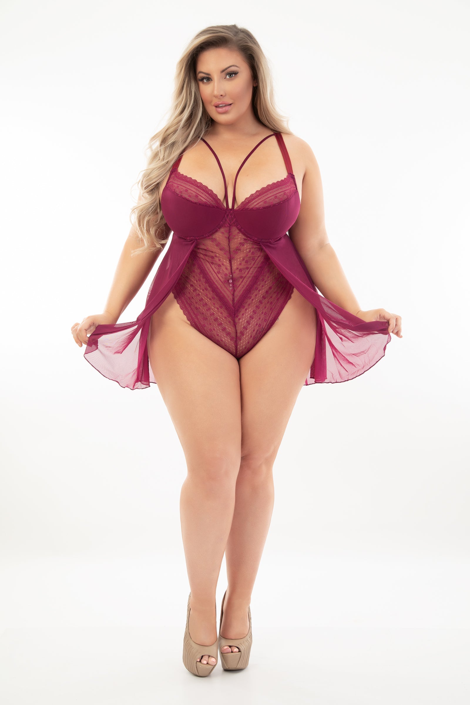 Escante Queen Lace & Mesh Teddydoll Teddy Babydoll Wine