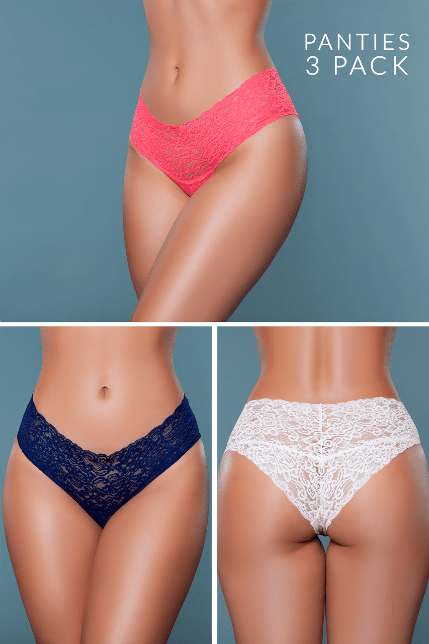 BeWicked Nessa Lace Brief Panties 3 Pack Pink, Coral, Navy