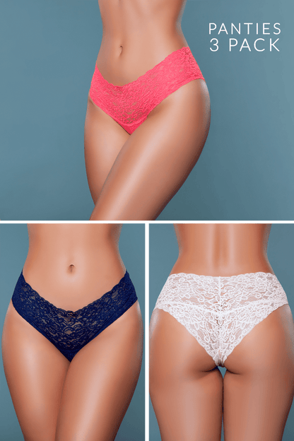 BeWicked Nessa Lace Brief Panties 3 Pack Pink, Coral, Navy