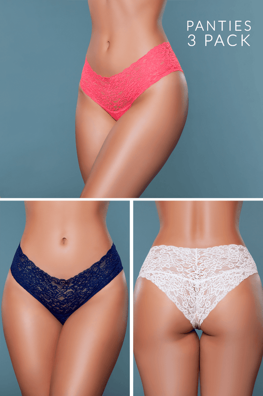 BeWicked Nessa Lace Brief Panties 3 Pack Pink, Coral, Navy