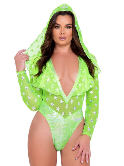 Roma Rave Festival Two-Tone Hooded Romper Stars Neon Green/Silver