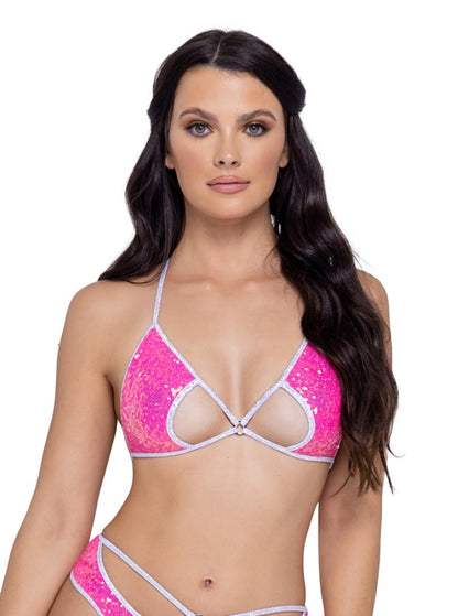 Roma Festival Rave Sequin Keyhole Triangle Top Hot Pink