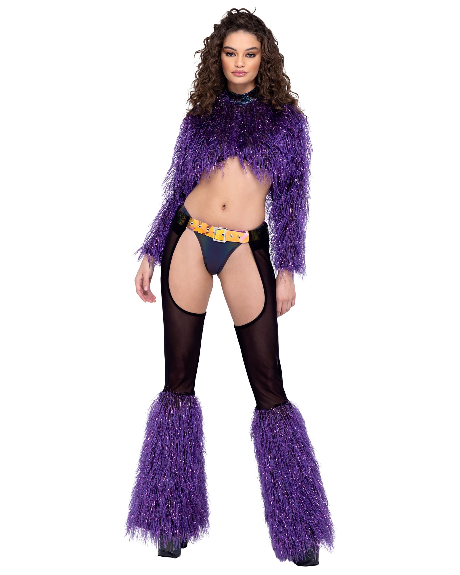 Roma Festival Rave Sheer Chaps with Faux Fur Bell & Belt Purple