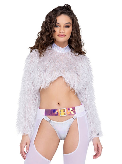 Roma Festival Rave Long Sleeved Faux Fur Cropped Top White