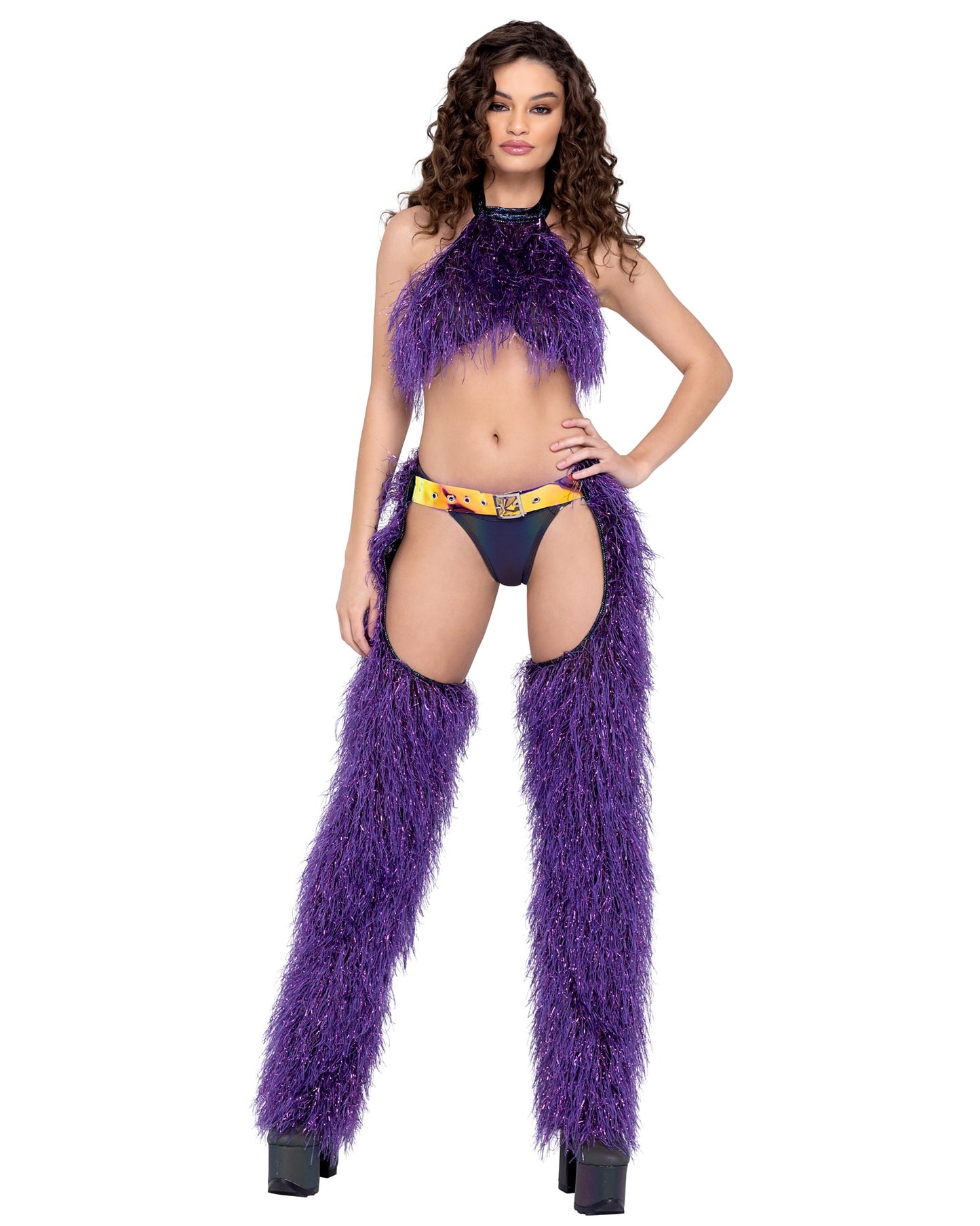 Roma Festival Rave Faux-Fur Cropped Halter Neck Top Purple