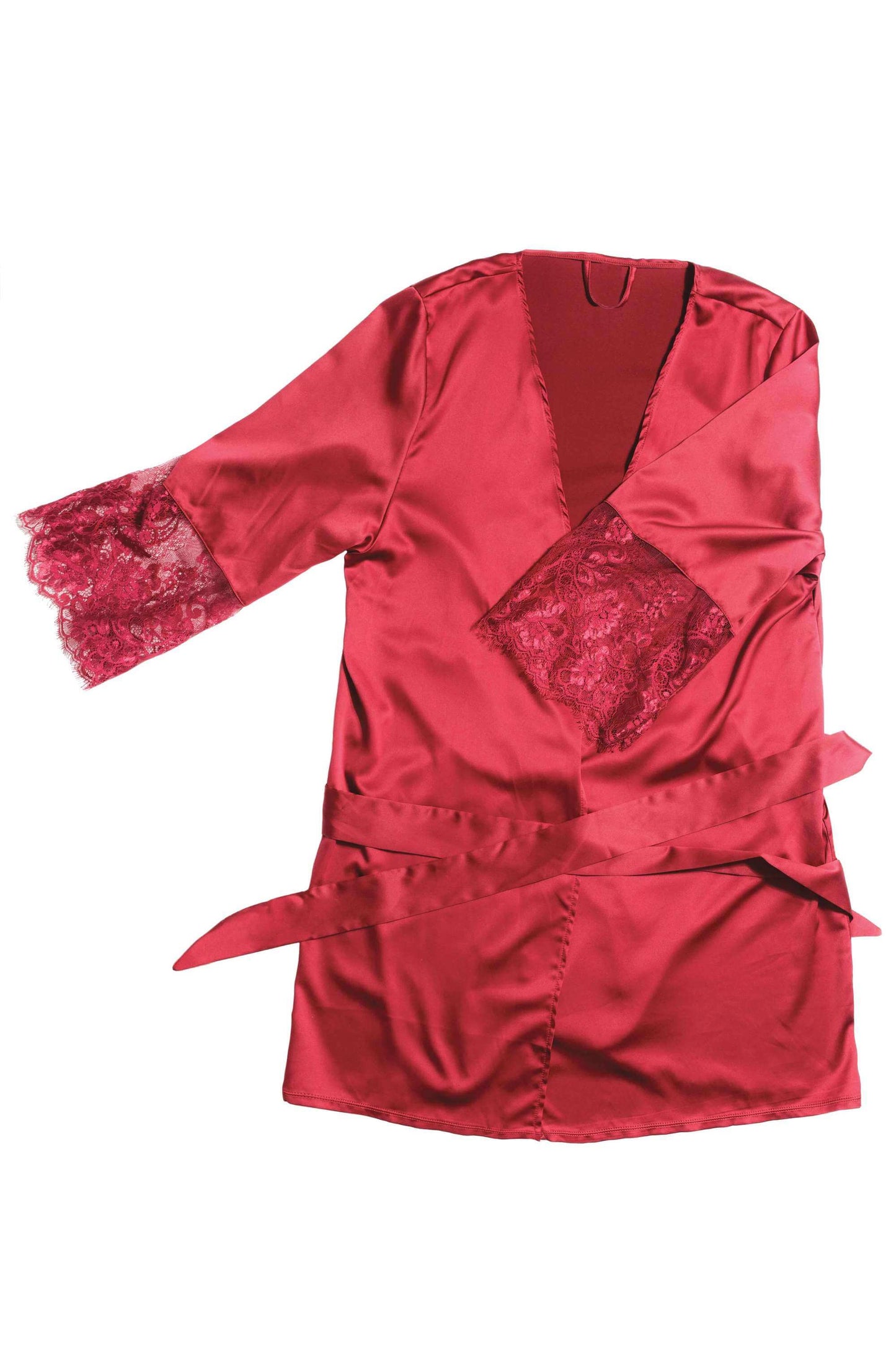 Coquette Merlot Stretch Satin Robe w/Eyelash Lace Sleeves