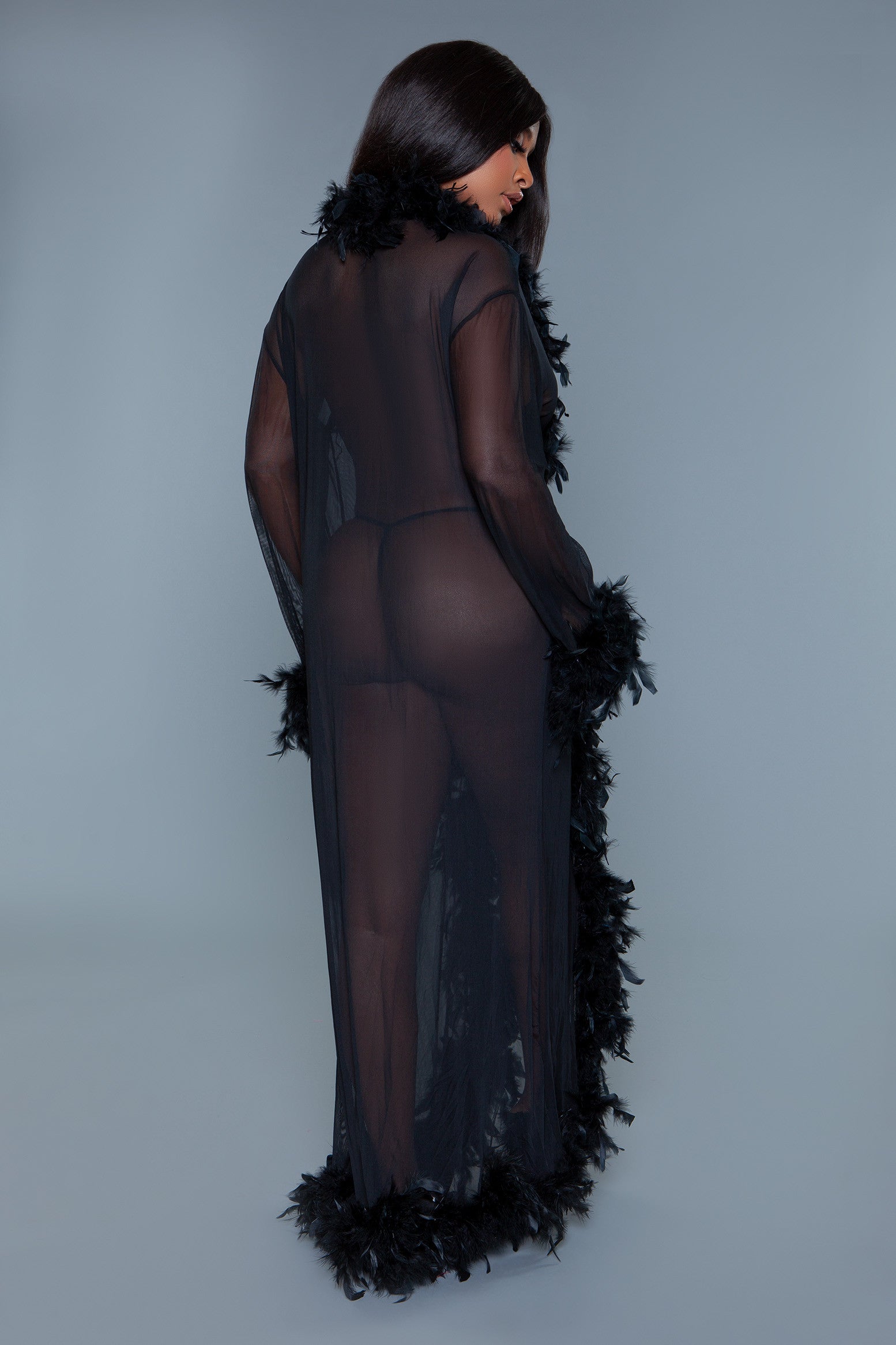 BeWicked Glamour Sheer Long Robe Boa Feather Trim Black Burlesque Pinup
