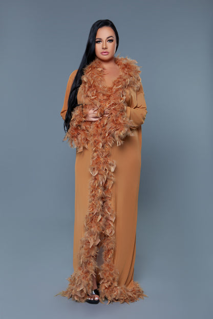 BeWicked Glamour Robe Bronze Feather Trim Long Length Burlesque