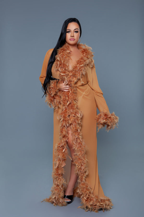 BeWicked Glamour Robe Bronze Feather Trim Long Length Burlesque