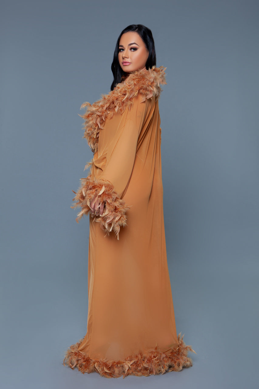 BeWicked Glamour Robe Bronze Feather Trim Long Length Burlesque