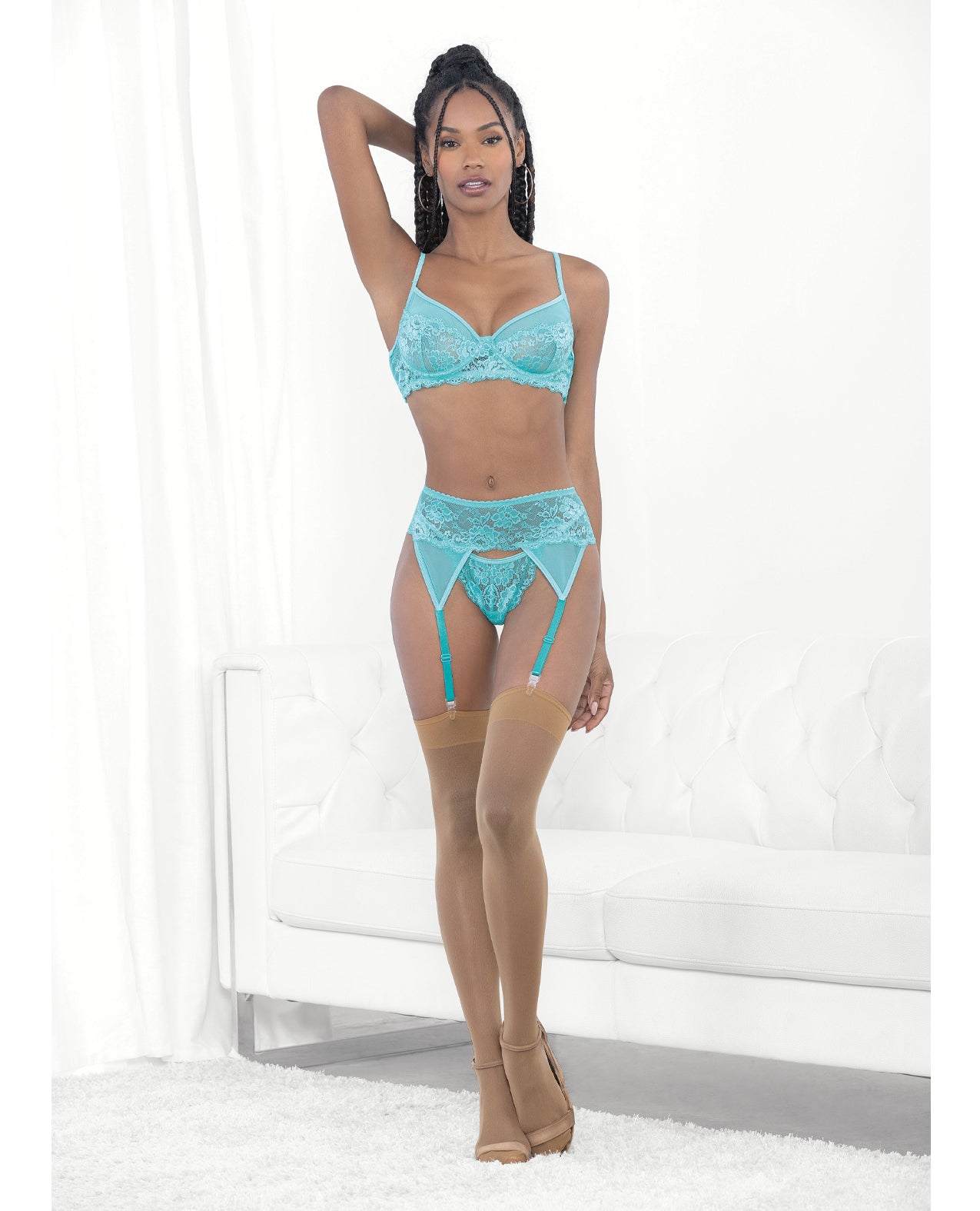 Escante Lace & Mesh Underwire Bra, Garter Belt & G-String Set Malibu Blue