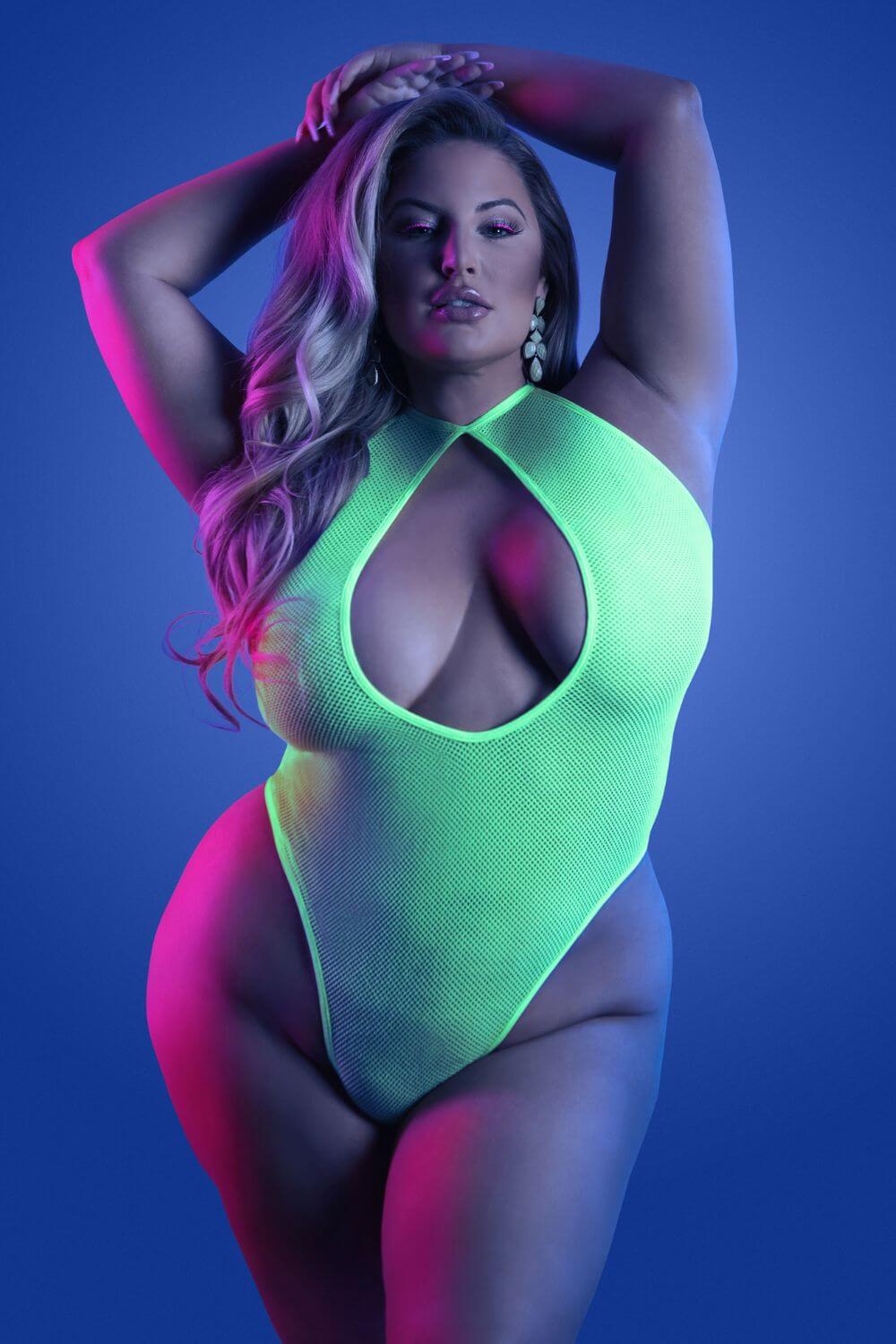 Fantasy Queen Glow Black Light Nocturnal Halter Teddy Neon Green