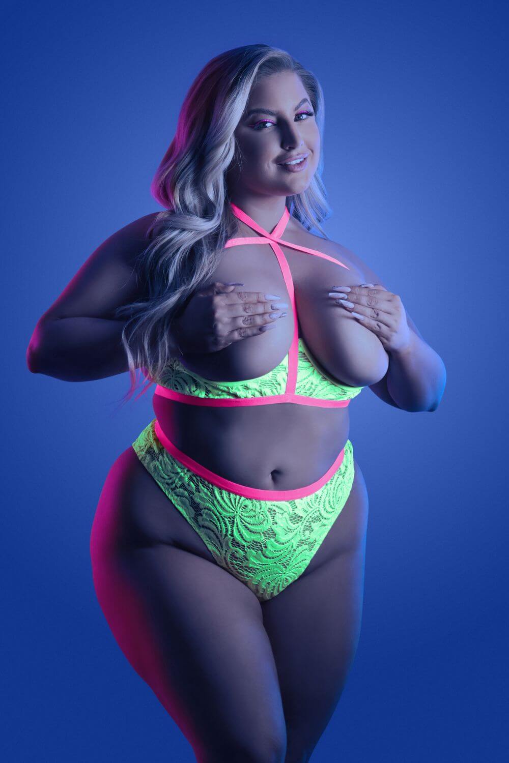 Fantasy Queen Glow Black Light Persuasive Open Cup Bra & Panty Neon Green