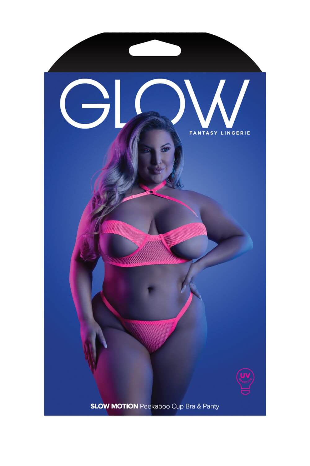 Fantasy Queen Glow Black Light Slow Motion Peekaboo Cup Bra & Panty Neon Pink