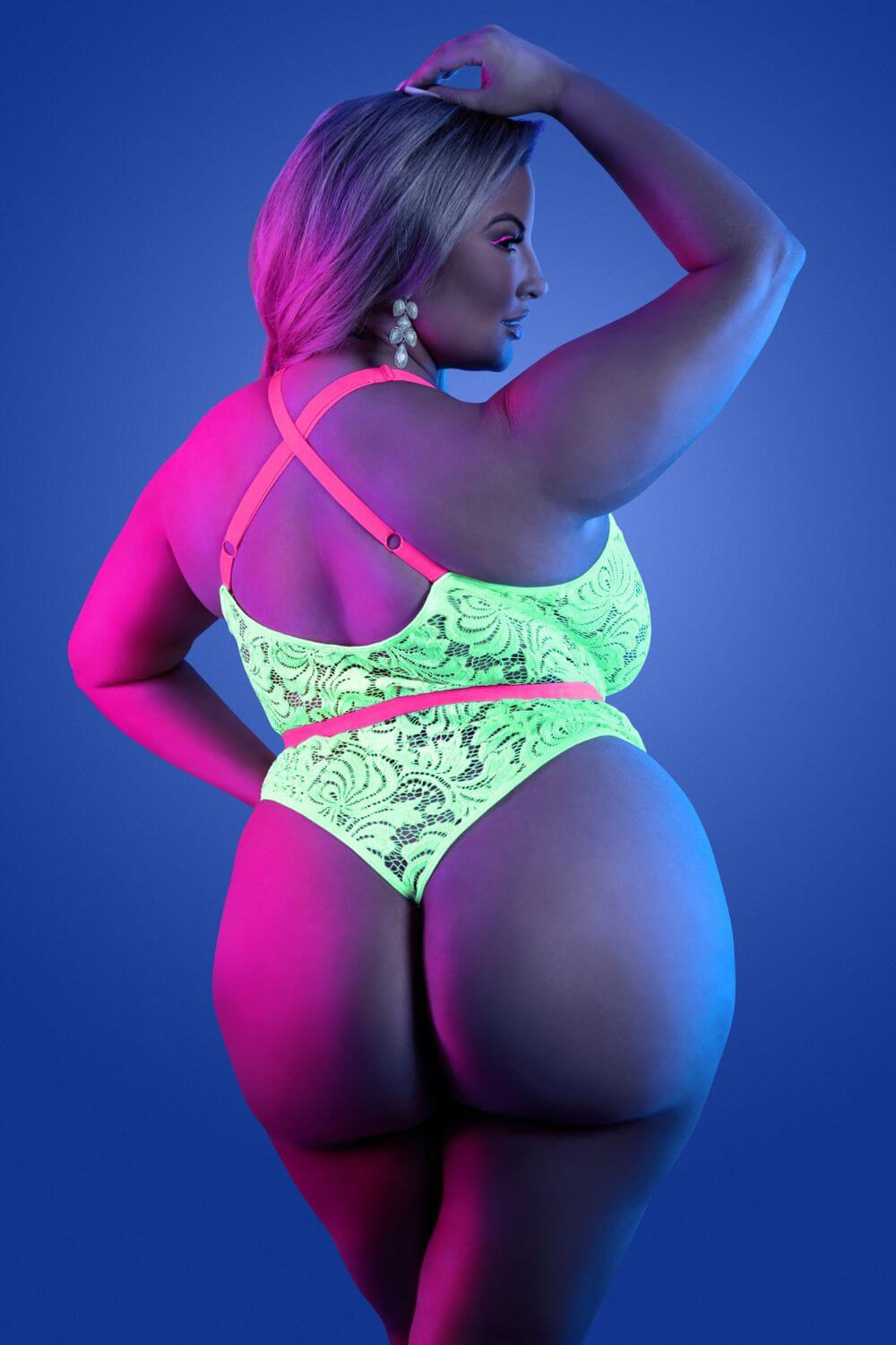 Fantasy Queen Glow Black Light Spotlight Lace Teddy Neon Green