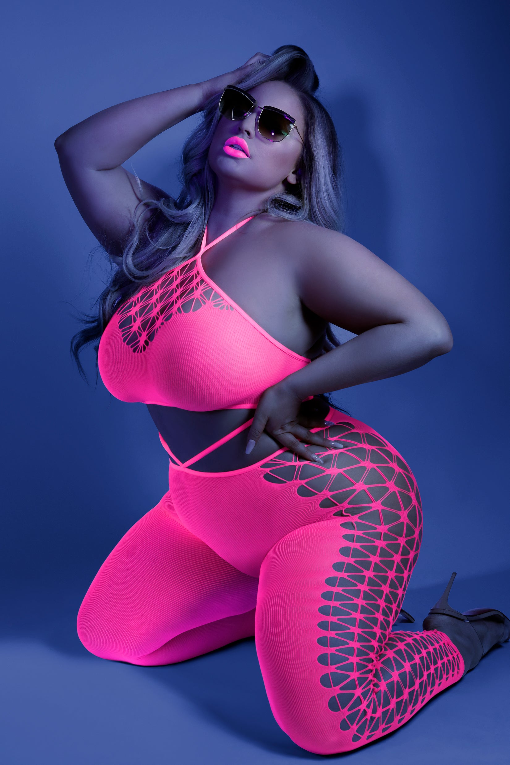 Fantasy Plus Glow Black Light Own The Night Bodystocking Neon Pink