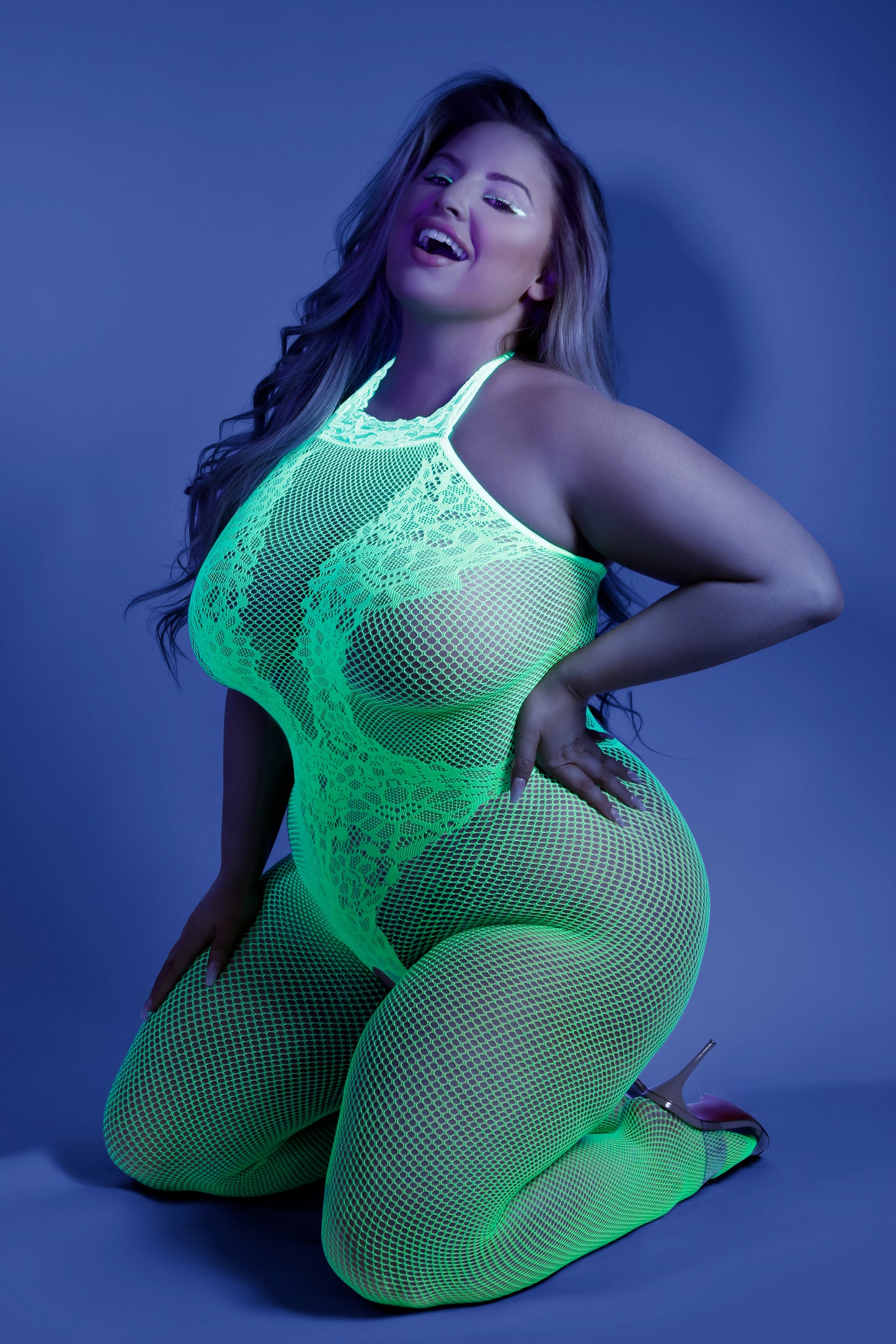 Fantasy Plus Glow Black Light Moonbeam Bodystocking Neon Green