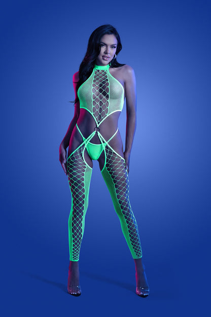 Fantasy Lingerie Glow High Voltage High Neck Bodystocking & G-string Neon Green