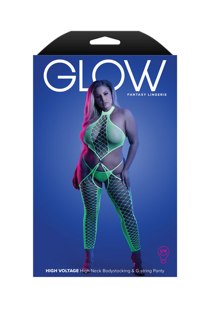 Fantasy Lingerie Glow Queen High Voltage High Neck Bodystocking & G-string Neon Green