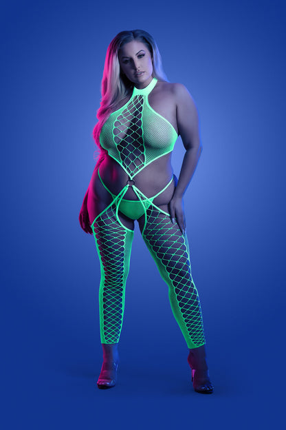 Fantasy Lingerie Glow Queen High Voltage High Neck Bodystocking & G-string Neon Green