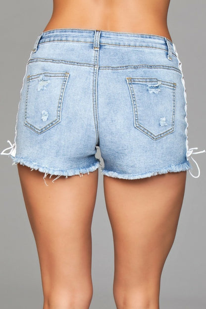 BeWicked Double Up Denim Shorts Tie Up Sides Light Wash