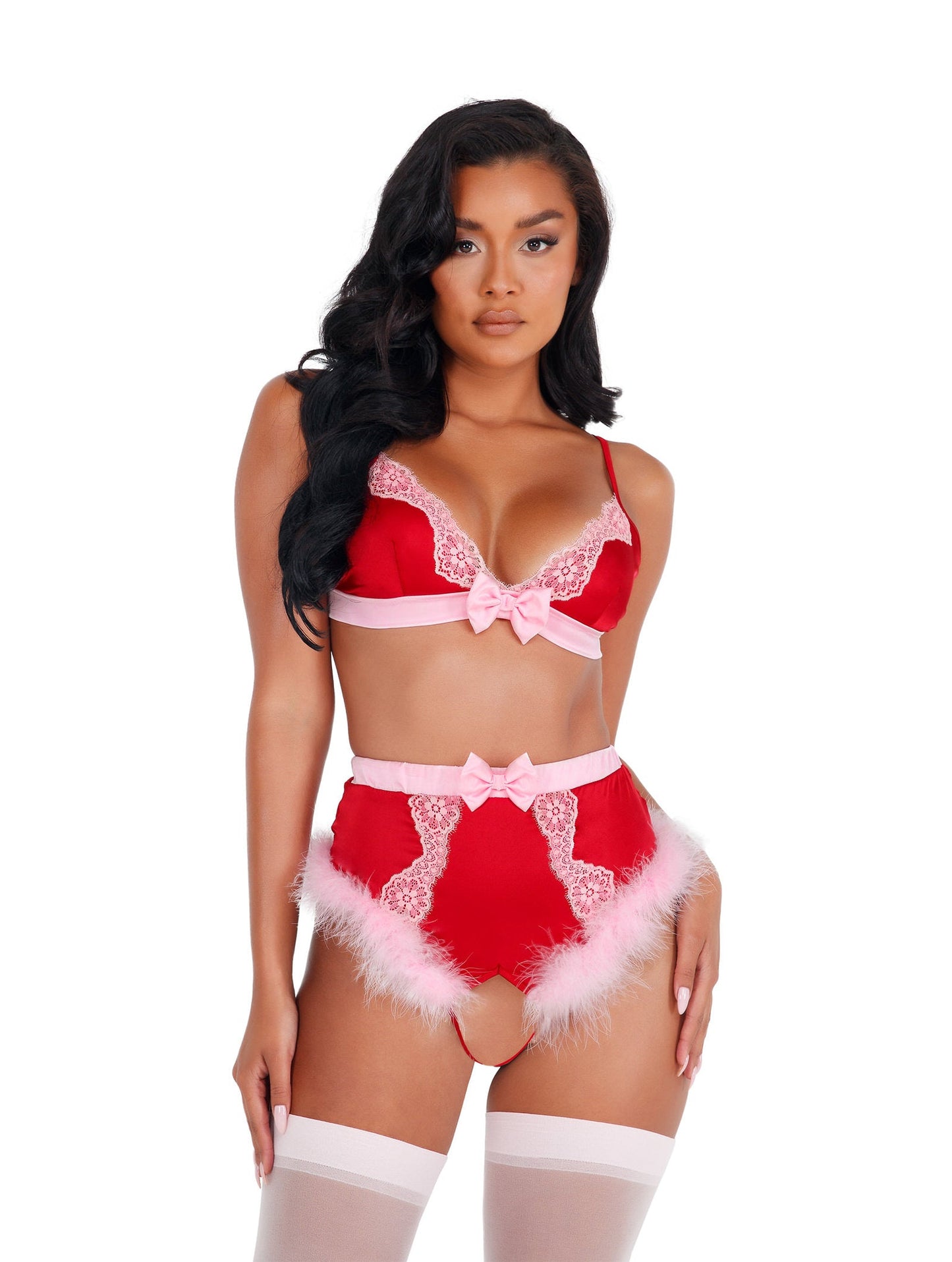 Roma Confidential Valentine Lace & Satin Marabou Bra Set Red Pink