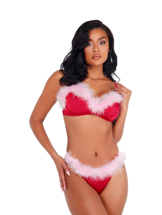 Roma Confidential Holiday Marabou Satin Bra Set Red Pink