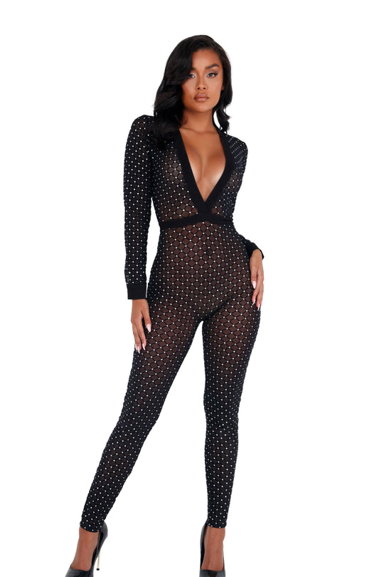 Roma Confidential Sheer Glittered Bodysuit with Cuffs Black Silver