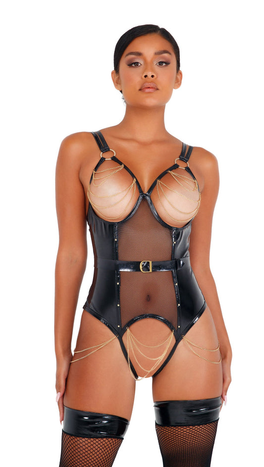 Roma Confidential Vinyl Bodysuit with Chain Detail Black or Pink