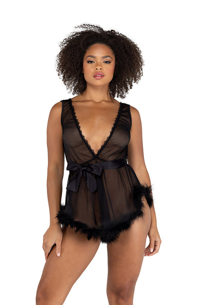 Roma Confidential Low Cut Mesh Babydoll with Faux Fur Trim & Satin Tie