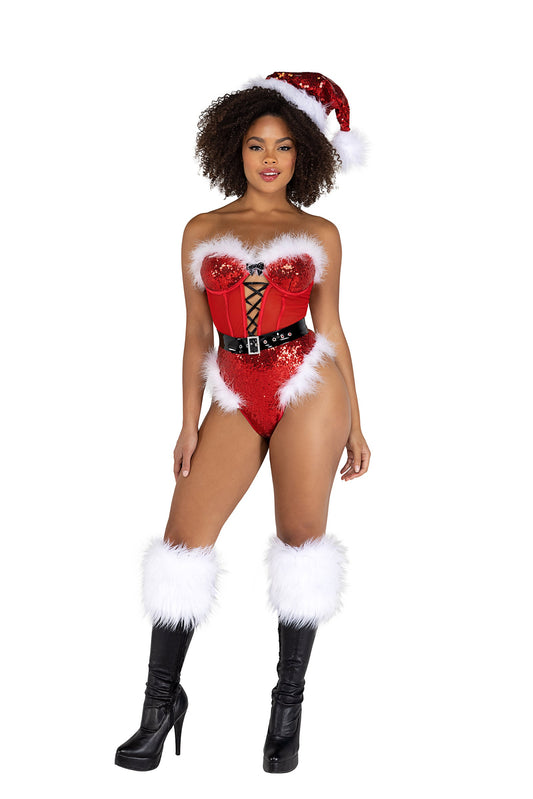 Roma Confidential Sequin & Mesh Lace-Up Romper Santa Holiday