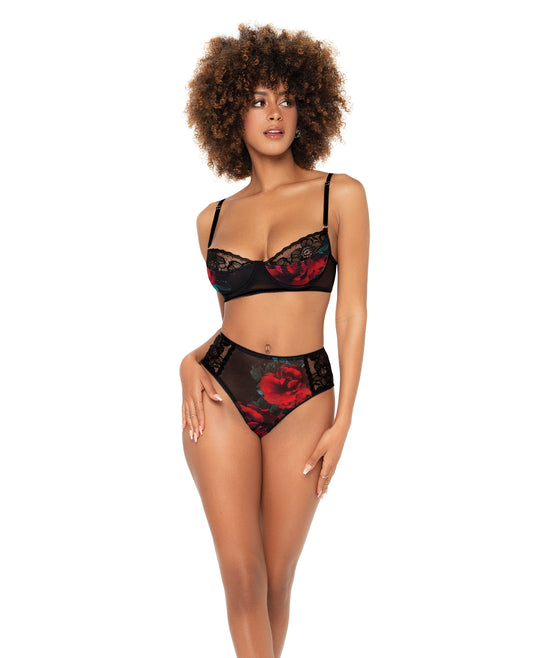 Mapale Lingerie Sheer Black Underwire Bra Set High Waisted Red Roses