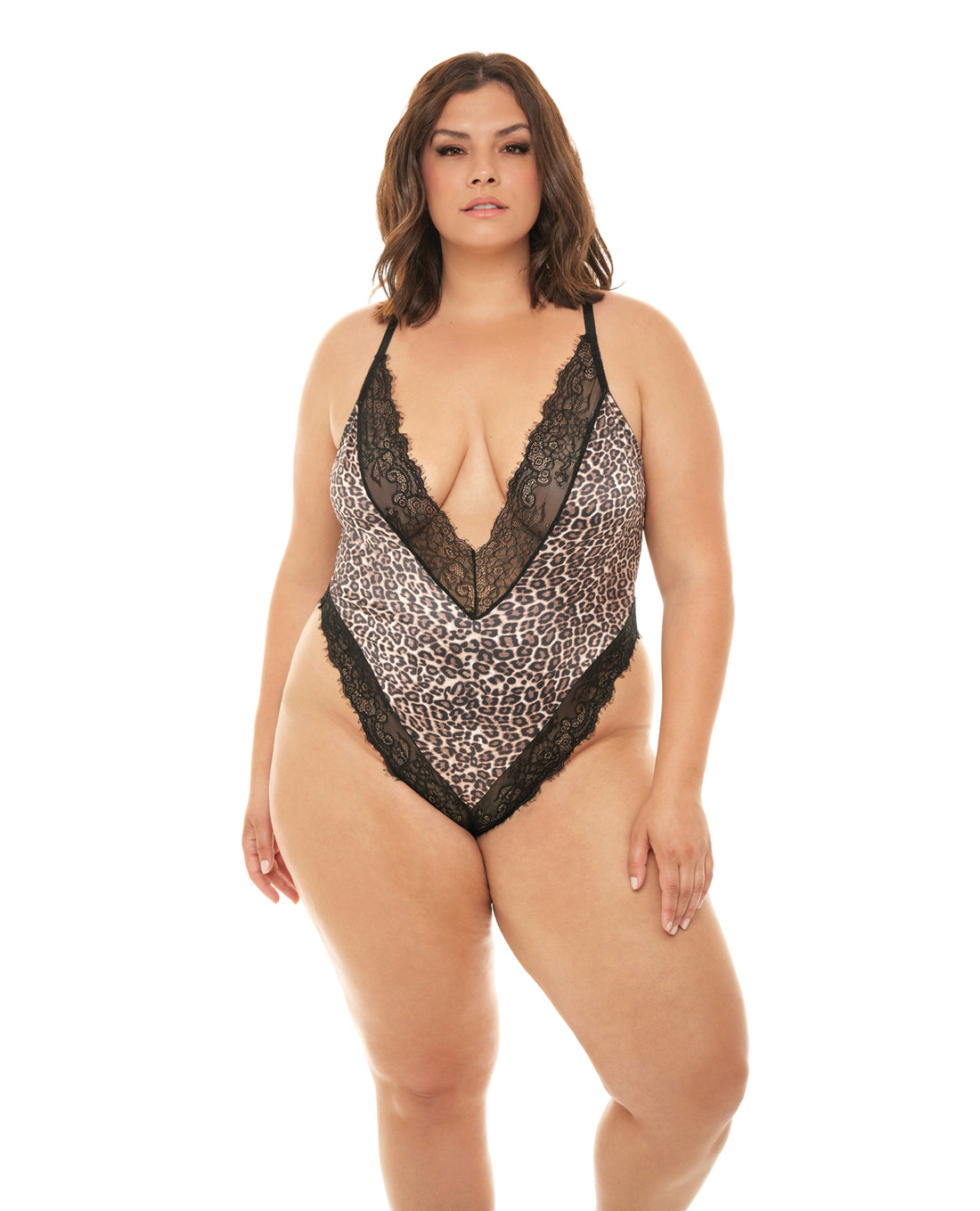 Oh la la Cheri Curve Jolene Satin Teddy Plunging Neckline Black Leopard