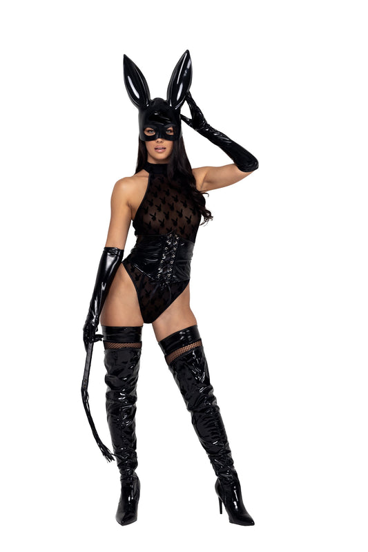 Roma Costume 3PC After Hours Playboy Sheer Bunny Flocking Bodysuit Set